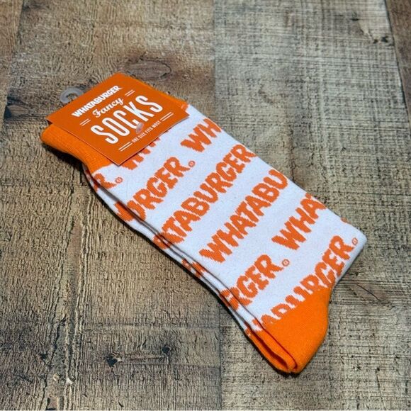 WHATABURGER SOCKS crew hamburger NEW nwt Orange And White 
One size - Picture 2 of 4